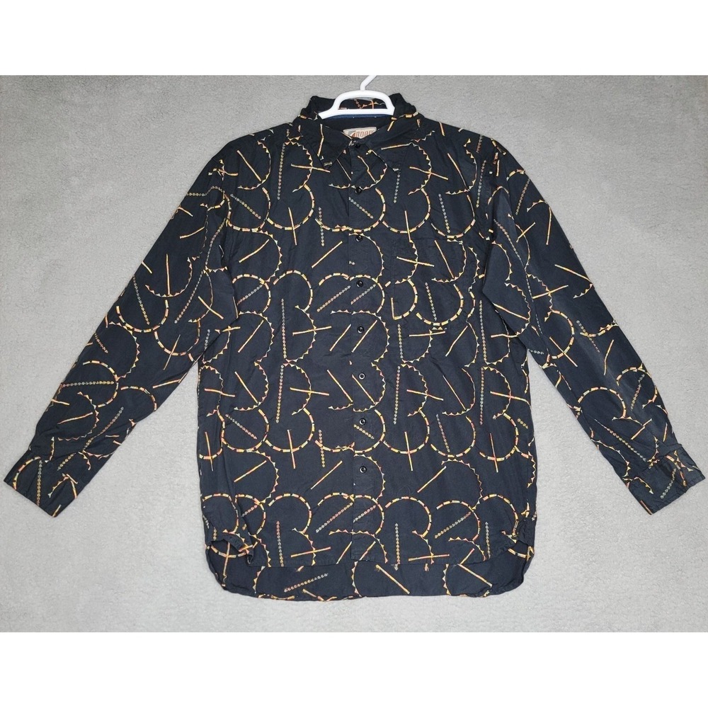 Road Button‎ Shirt Mens L Black Orange Geometric Long Sleeve Loud Gay Statement